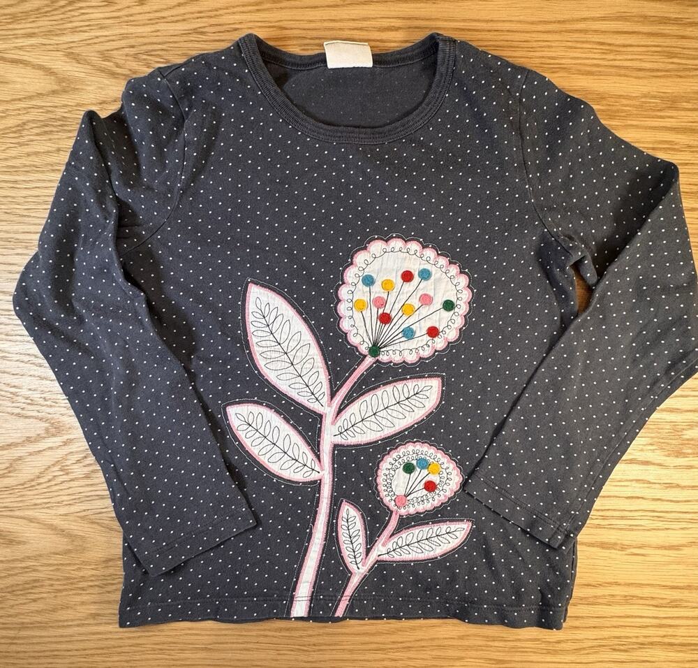 Mini Boden Girls 7-8 Navy Polka Dot Flower Applique Long Sleeve Shirt Top